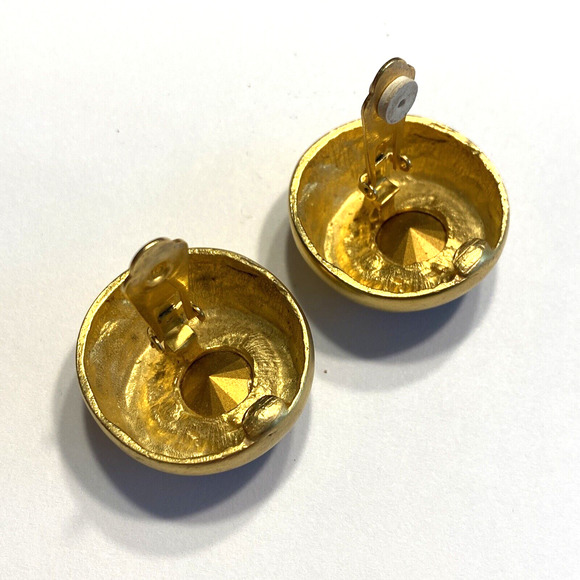 Chunky Y2K Clip On Earrings Brushed Goldtone & Huge Purple Rhinestones Mod Round - Picture 6 of 7